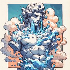 a drawing of a man surrounded by clouds and water with his head in the air