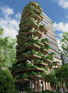 a very tall building with lots of plants growing on it