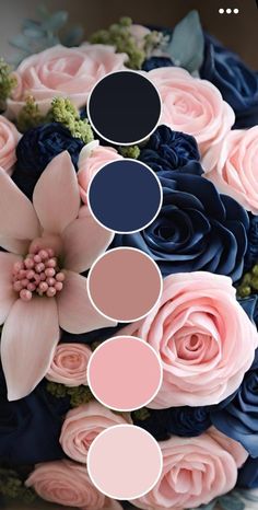 a bouquet with blue and pink flowers on it is shown in the middle of an image