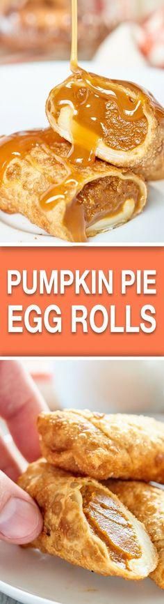 pumpkin pie egg rolls on a plate with syrup being drizzled over them