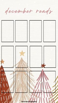 a calendar with christmas trees and stars on it