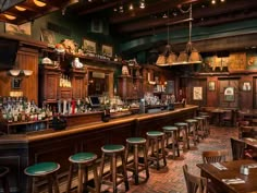 an old fashioned bar with many wooden stools