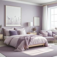 a bedroom with purple walls and furniture in the corner, along with a large painting on the wall