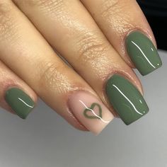 Short Green Nail Designs Simple, Green Nails With Heart Design, Short Nail Designs Olive Green, Army Green Acrylic Nails Designs, Short Nails Fancy, Square St Patricks Day Nails, Simple Short Green Nails, Gel Nails Patterns, Green Simple Nail Designs