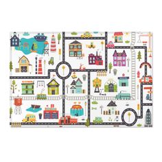 a children's play mat with cars and houses on it, including trucks, trains,