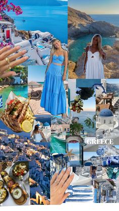 a collage of photos with blue and white architecture, food, and the ocean