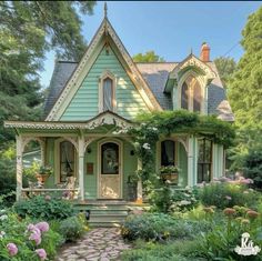 a green house surrounded by flowers and greenery in the front yard, with steps leading up to it