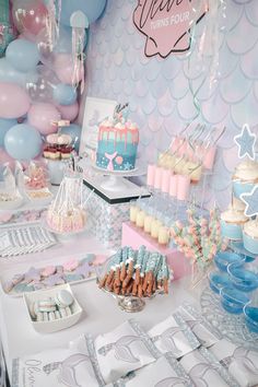 a table filled with lots of desserts and balloons