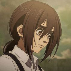 an anime character with brown hair and glasses looking at the camera while standing in front of trees