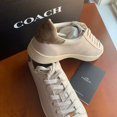 Brand New With Tag And Box Neutral Color Sneakers Women, Coach Shoes Outfit, Tenis Coach, Girly Sneakers, Monogram Shoes, Nude Sneakers, Black And White Sandals, Coach Loafers, Pretty Sneakers