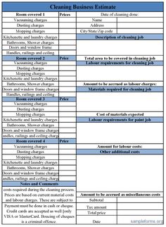 a table that shows the different types of cleaning services