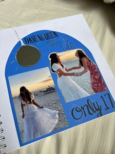 an open book with pictures of two women in white dresses and the words dancing queen young & safe on it