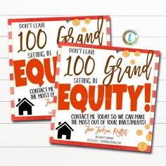 Realtor Marketing Gift Tags, Don't Leave 100 Grand in Equity, Candy Chocolate Client Customer Investment Pop By Tag, DIY Editable Template Realtor Marketing Gifts, Pop Bys Real Estate, Mortgage Marketing, Marketing Gift, Dont Leave, Realtor Marketing, Real Estate Information, Candy Chocolate, Tag Print