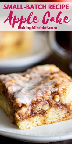 small batch recipe apple cake on a white plate with the title above it in pink