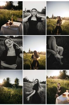 a collage of photos showing women in black dresses sitting at a table and having drinks