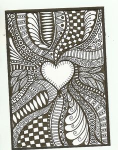 a black and white drawing of a heart in the middle of an abstract design with swirls