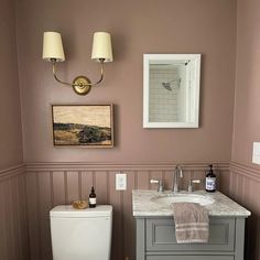 a white toilet sitting next to a bathroom sink under a vanity with a mirror above it