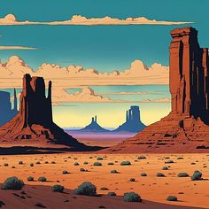 a desert scene with mountains and clouds in the background