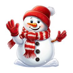 a snowman wearing a red and white striped scarf and hat with his hands in the air