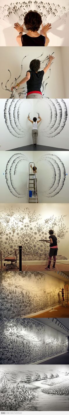 four different images of people doing various things in the air, with one person standing on a ladder