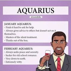 a man in a suit and tie holding a wine glass with the words aquarius on it