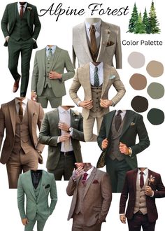 a collage of men's suits and ties in different colors, with the words alpine forest on them