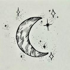 a drawing of a crescent moon with stars around it