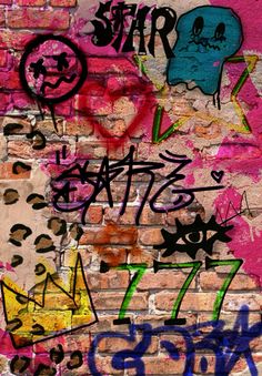 graffiti on the side of a brick wall that has been vandalized with various colors