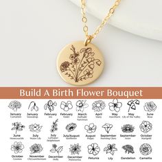 a gold plated necklace with flowers on it and the words build a birth flower bouquet