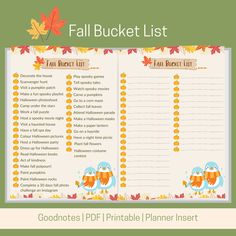 the fall bucket list is shown with leaves and pumpkins