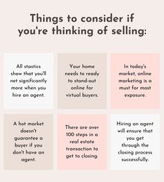 four squares with the words things to consider if you're thinking of selling