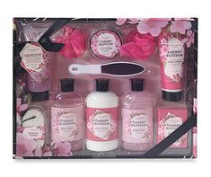 Give the gift of a deluxe boxed bath and body care set this season. Treat your feet with the included pumice stone, file, scrub and lotion. Soak away your troubles with the bubble bath, lather up in body wash or use the bar soap. Finally, complete your spa-like treatment with lotion or body butter. This collection of Cherry Blossom scented products comes packaged in a pretty floral box. Spa Stuff, Body Care Set, Cherry Blossom Scent, Bath Gift Set, Beauty Spot, Pumice Stone, Baddie Tips, Bath Gift, Hygiene Products