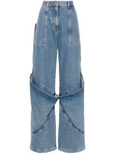 sky blue cotton washed denim wide leg belt loops two diagonal pockets to the sides knee detailing logo patch to the rear two rear patch pockets front button and zip fastening Denim Wide Leg, Detailing Logo, Leg Belt, The Attico, Kawaii Style, Denim Chic, Cotton Jeans, Long Trousers, Long Jeans