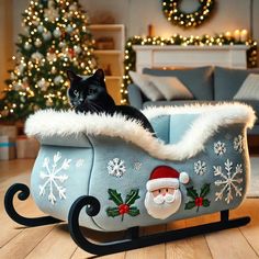 a black cat is sitting in a sleigh