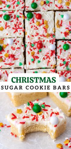 christmas sugar cookie bars with white frosting and sprinkles on the top