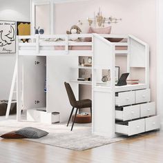 a white loft bed with stairs and desk in the corner, next to a chair