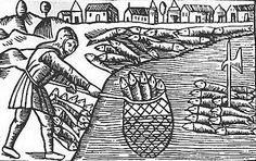 an old black and white drawing of a man holding a fish