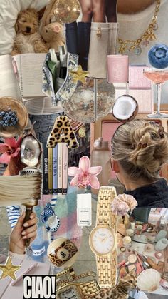 a collage of photos with various items including a woman's hair and accessories