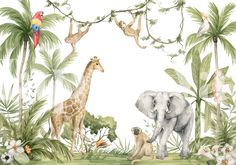 an elephant, giraffe, monkey and other animals in a jungle with palm trees