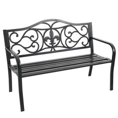 a black metal bench sitting on top of a white background