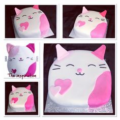 the cake is shaped like a cat with pink hearts on it's ears and tail