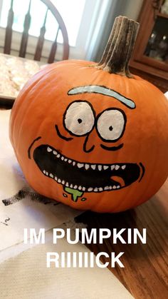 a pumpkin that has been carved to look like it is smiling and with the words i'm pumpkin rillick on it