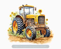 a painting of a yellow tractor with sunflowers on the side and behind it