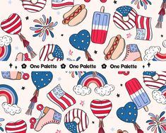 an american patriotic pattern with hotdogs, balloons and stars