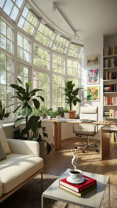 a living room filled with furniture and lots of windows