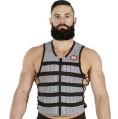 a man with a beard and no shirt on is wearing a black and grey vest