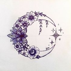 a drawing of a crescent moon with flowers on the side and stars in the middle