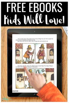 a child's hand is pointing at an ipad with the text free ebooks kids will love