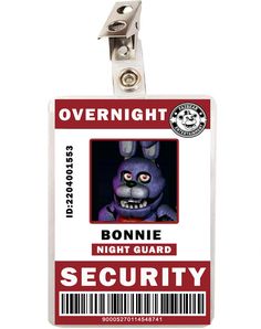 an id badge with the name and image of a purple bunny on it's face