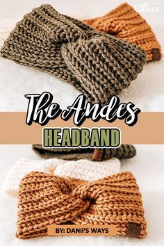 three knitted headbands with text overlay